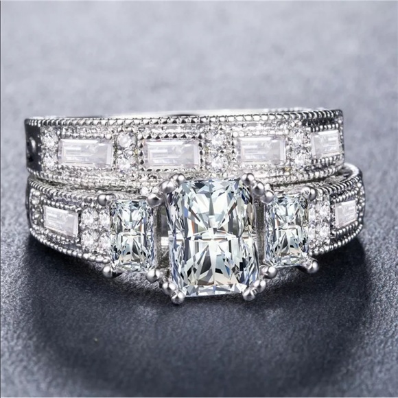 New 925 Silver 2pcs/set Sapphire Engagement Ring - Picture 4 of 4